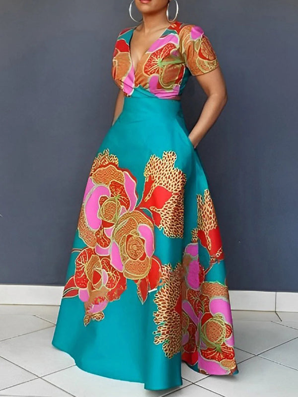 Elegant Floral V Neck Short Sleeve Dress