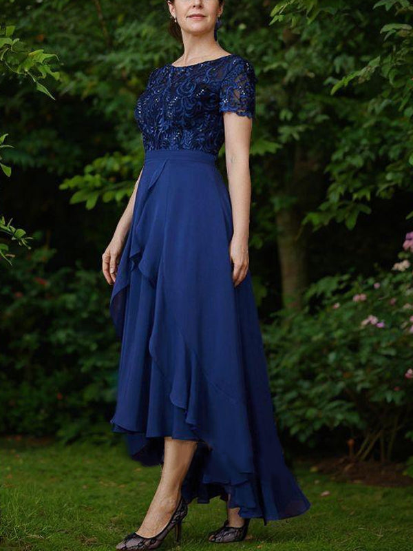 Round Neck Short Sleeve Lace Midi Dress