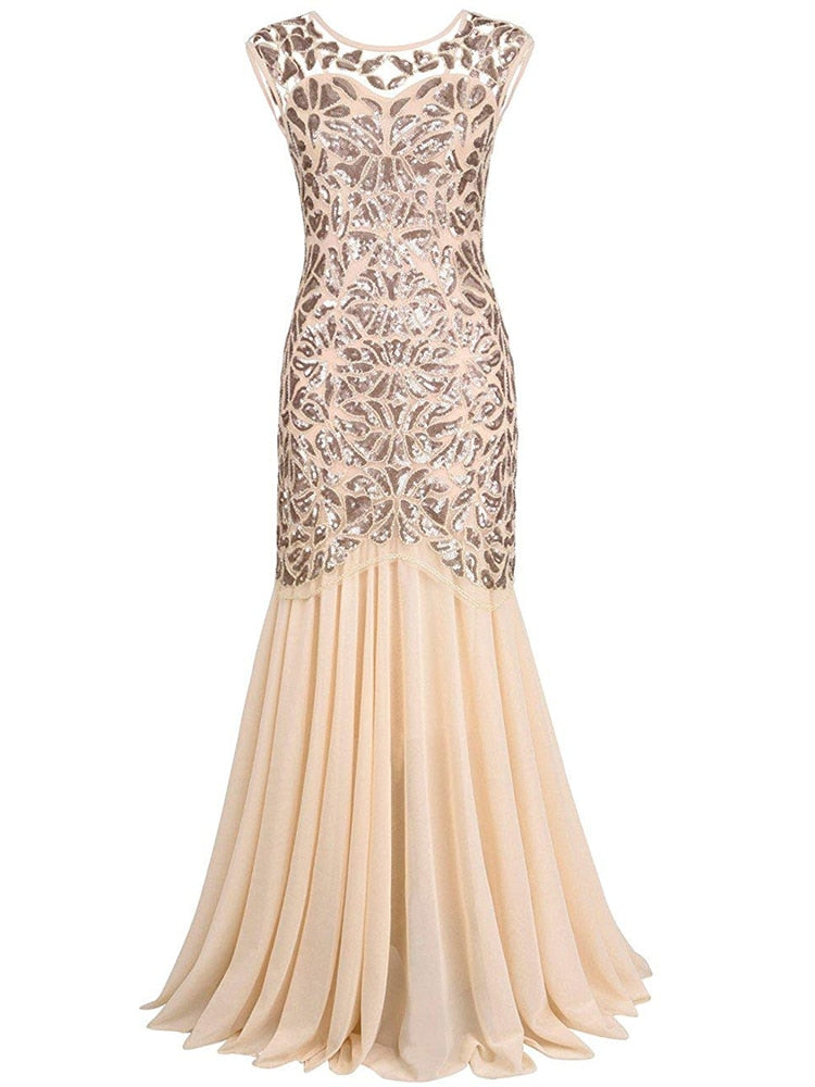 loveedsTM-Vestidos Vintage Mujer Sequins Beading Long Evening Dresses Formal Round Neck Lace Long Sexy Women Party Special Occasion