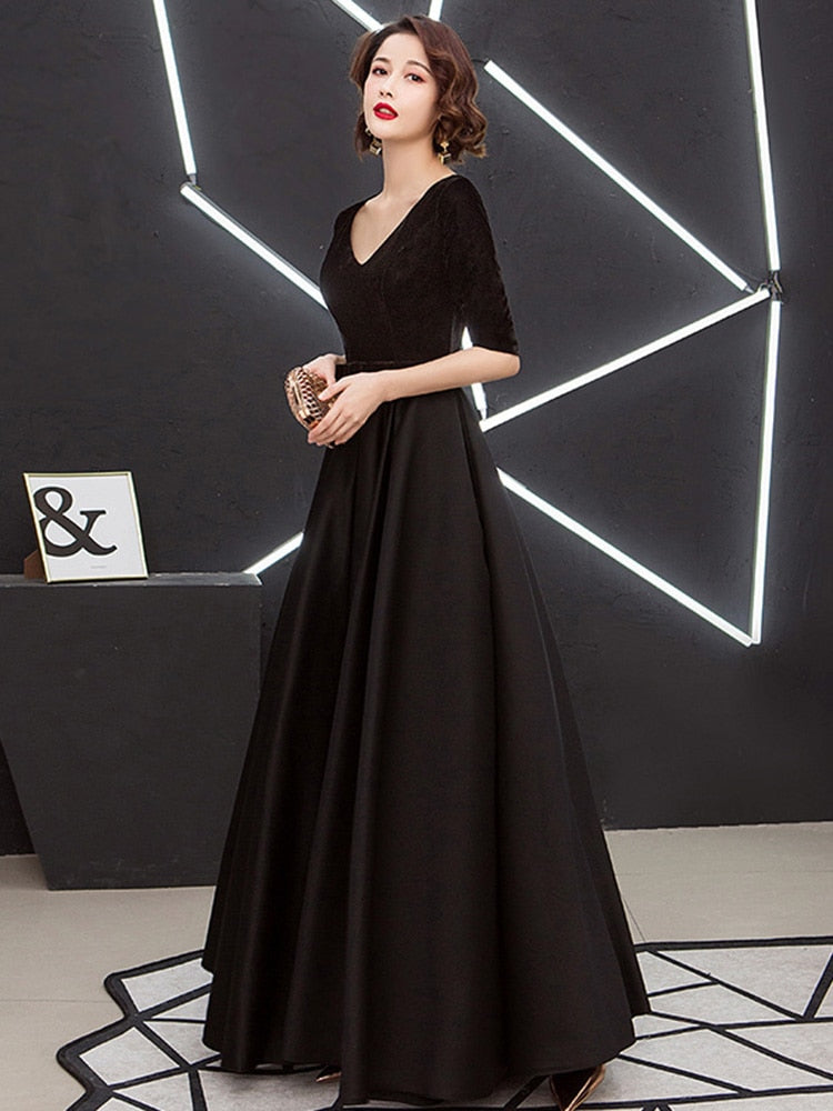 loveedsTM-V-neck Bow Waist A-line Satin Evening Dresses Short-Sleeve Velour Formal Women Prom Dresses Elegant Graduation Party Gowns