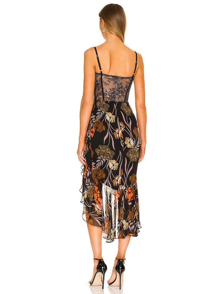 loveedsTM-Sexy V-Neck Strap Printed Ruffles Midi Dress Summer Elegant Sleeveless Print Asymmetrical Hem Dresses Women Party Evening Dress