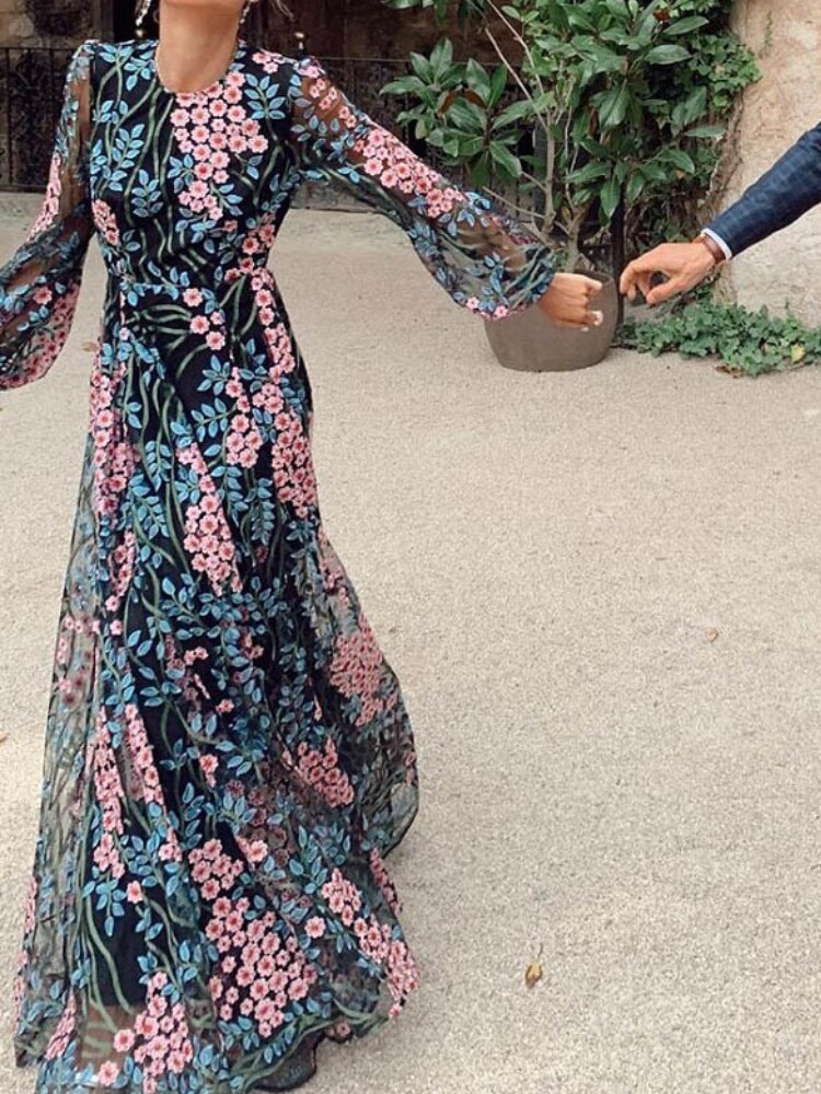 loveedsTM-Vintage Chic Women Floral Print O-neck Backless Sexy Bohemian Evening Dress Robe Lady Long Sleeve Boho Dresses Vestidos