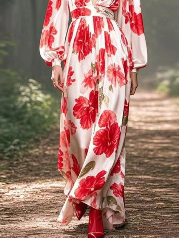 V-neck Chiffon Print Ladies Dress