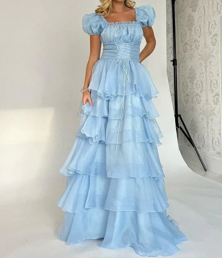Blue Princess Cute Elegant A-line Short Sleeve Long Tulle Party Dress Evening Dress Ball Gown gh4197
