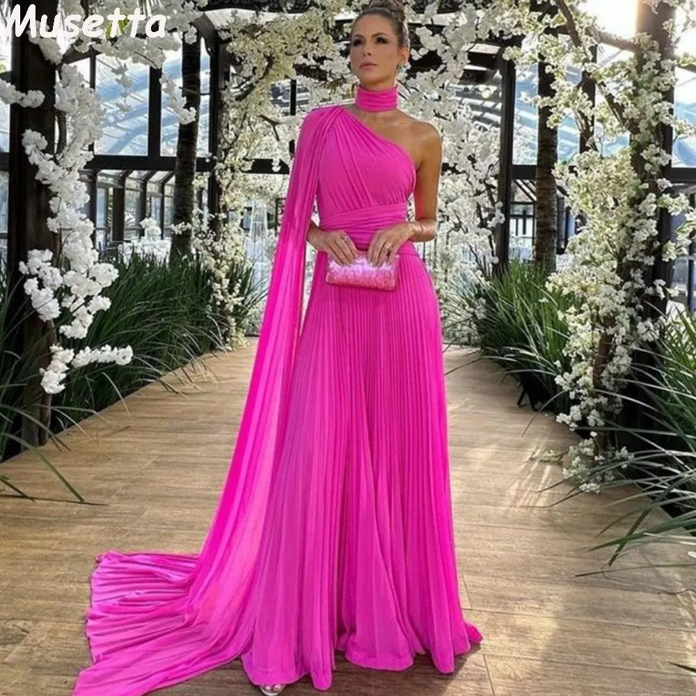 Elegant Long Chiffon Hot Pink Evening Dresses With Cape A-Line One Shoulder Prom Dress P1887