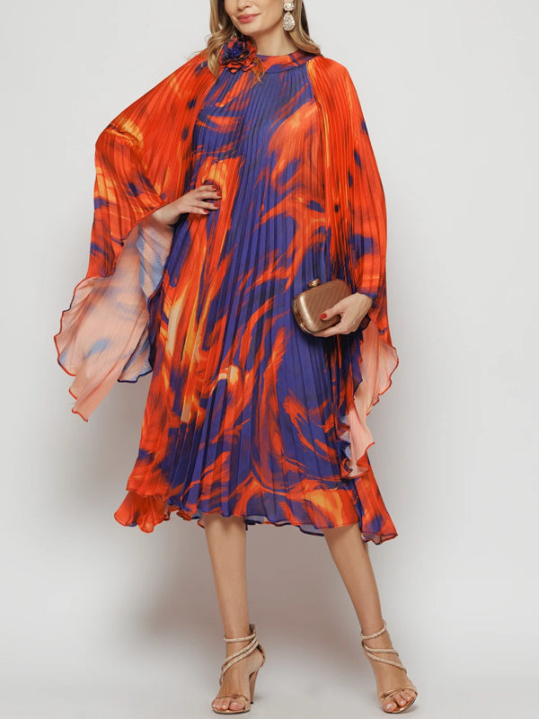 Pleated Elegant Chiffon Color Matching Ladies Dress