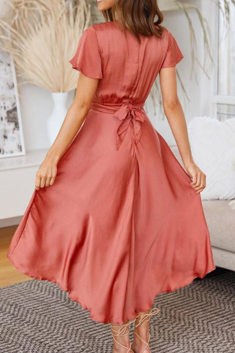 loveedsTM-Elegant Solid Knotted With Belt V Neck Irregular Maxi Dresses