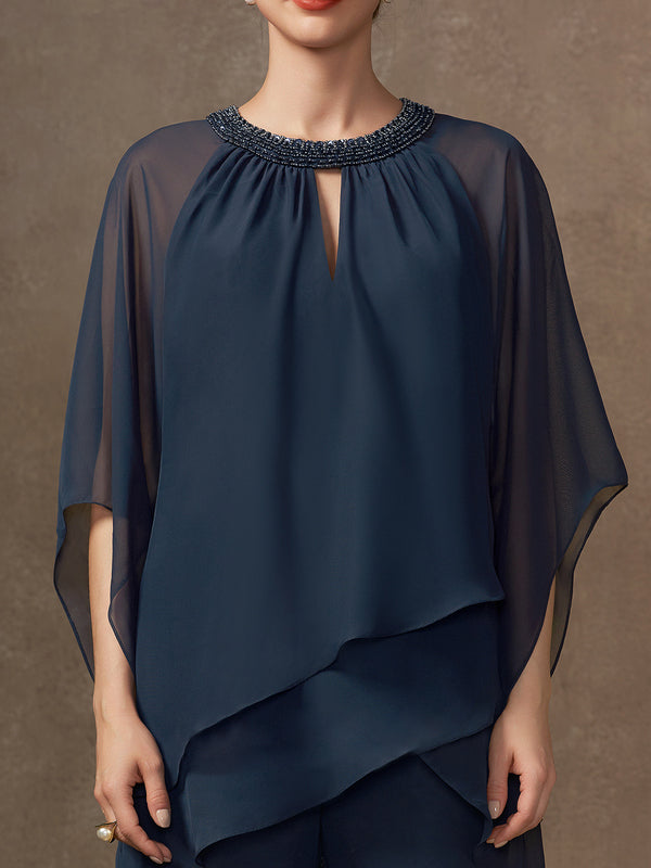 Chiffon Mother Sequin Top Trousers Suit