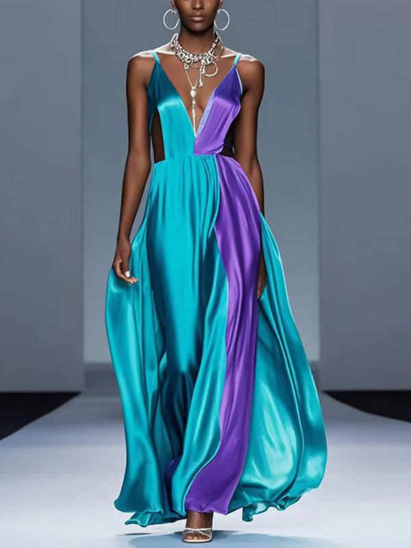 Blue Suspenders Silk Print Maxi Dress