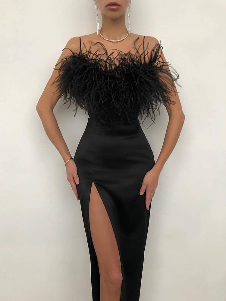 loveedsTM- Luxury Feathers Dress Women Sleeveless Spaghetti Strap High Waist Bodycon Slit Mid-calf Wedding Birthday Party Evening Dresses