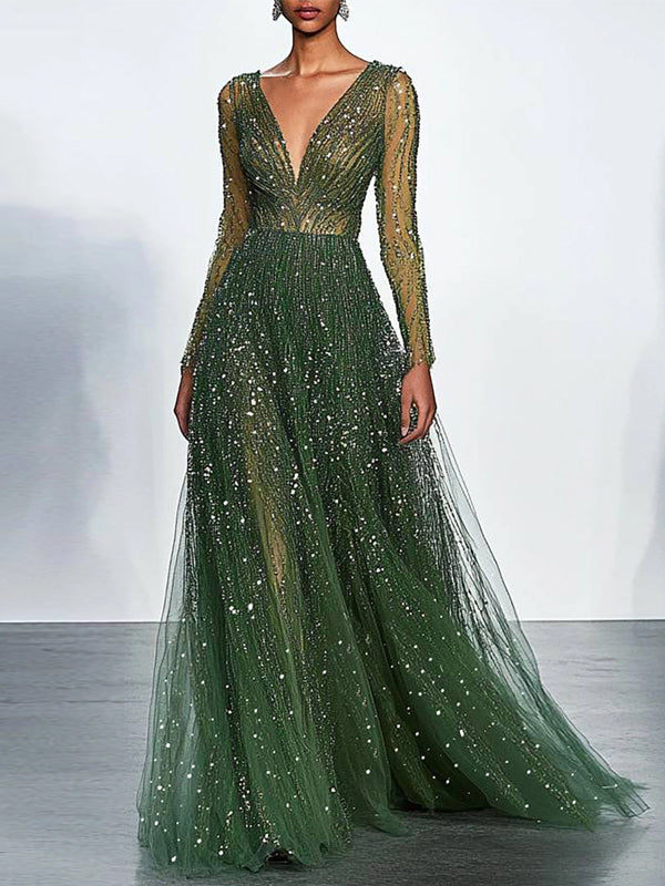 Green V-neck Long Sleeve Sequins Maxi Dress