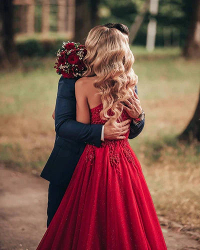 Red Halter Applique Beaded Long Prom Dresses