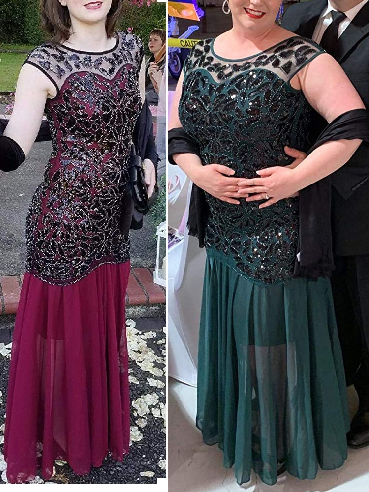 loveedsTM-Vestidos Vintage Mujer Sequins Beading Long Evening Dresses Formal Round Neck Lace Long Sexy Women Party Special Occasion