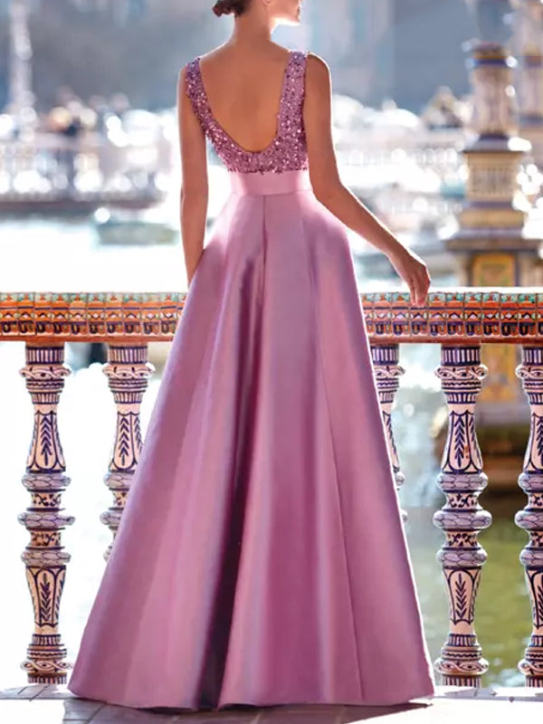 Sequined Elegant Satin Exquisite Ladies Dress