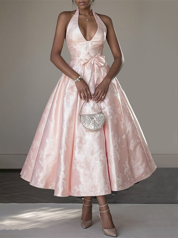 Pink Jacquard Bow Satin Halter Sleeveless A-Line Midi Dress