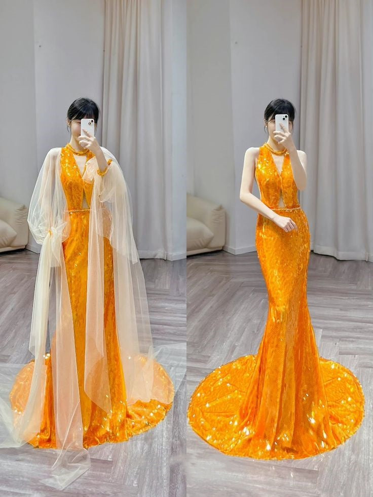 Orange Gorgeous Shiny Elegant Long Sleeve Tulle Long Sequin Mermaid Slim Ball Gown Evening Dress Party Dress gh3386