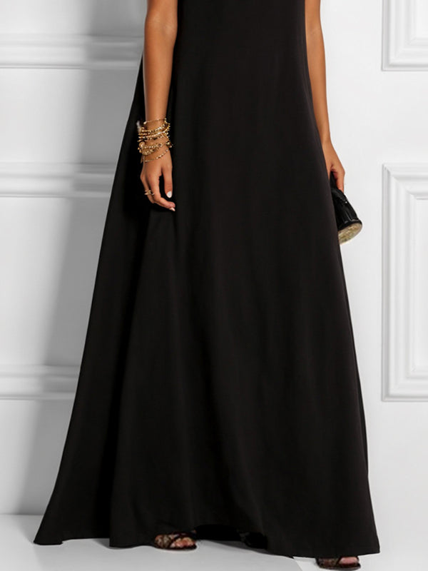 Hollow Solid Color Split-Joint Round-Neck Maxi Dress