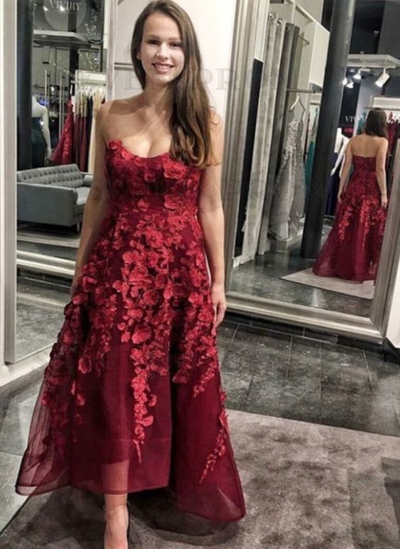 A-Line Sweetheart High Low Burgundy Prom Dress cg10010