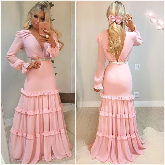 Pink Long sleeves Chiffon Prom Dress , Open Back Long Prom Dress cg10026