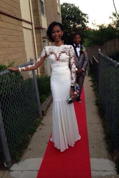 Long Sleeve Lace Prom Dress Mermaid White Formal Evening Dresses cg10029