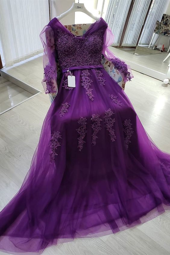 purple tulle long evening dress with long sleeves and lace appliques prom gowns for girls cg10041
