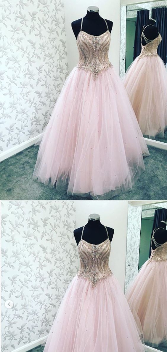 A-line Straps Beaded Pink Tulle Long Evening Prom Dresses,Cheap Prom Dresses cg10047
