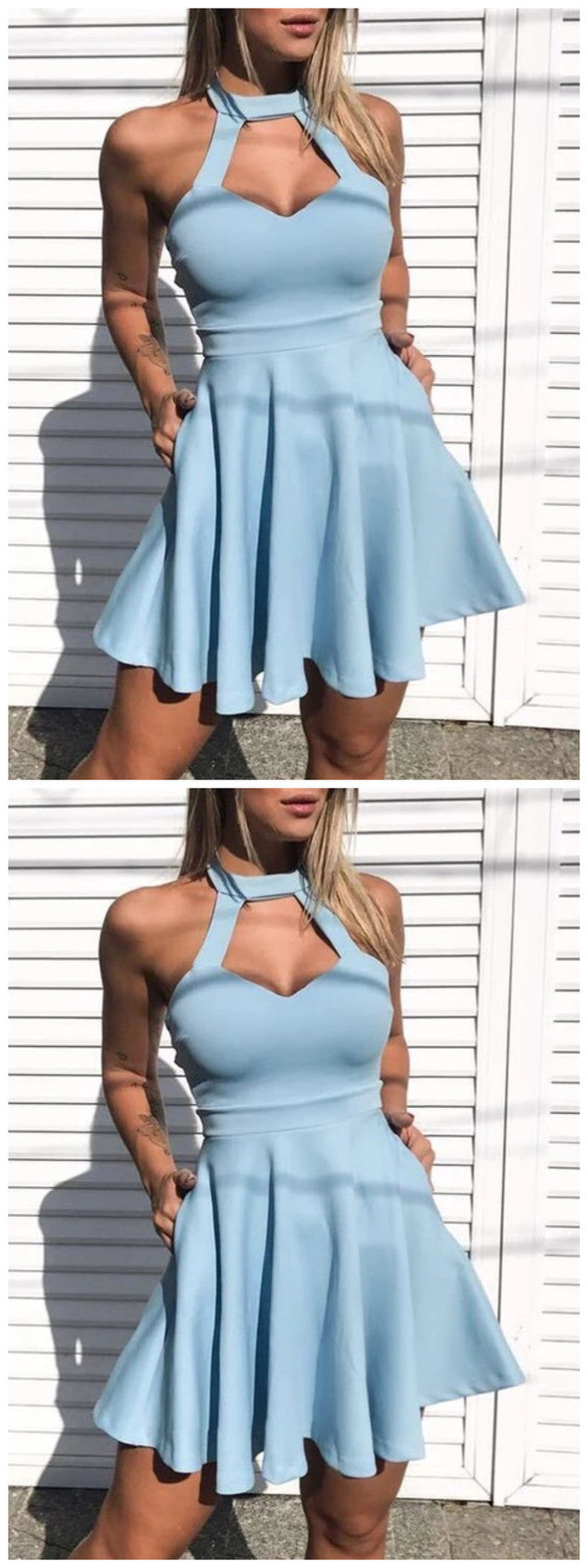 A-Line Crew Short Light Blue Keyhole Homecoming Party Dress with Pockets cg10053