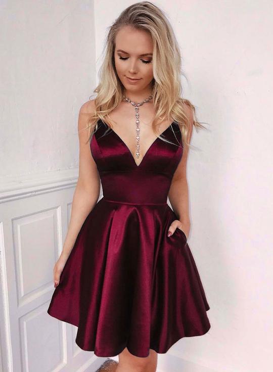 Burgundy v neck satin short dress, homecoming dress cg1007