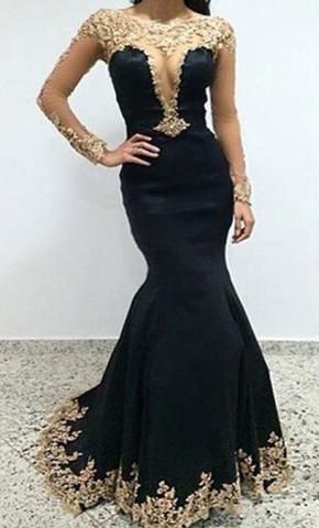 Sexy Black Lace Long Sleeves Long Mermaid prom dress cg10070