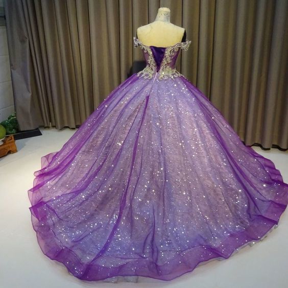 Purple Off The Shoulder Ball Gown , Bling Bling Prom Dress cg10071