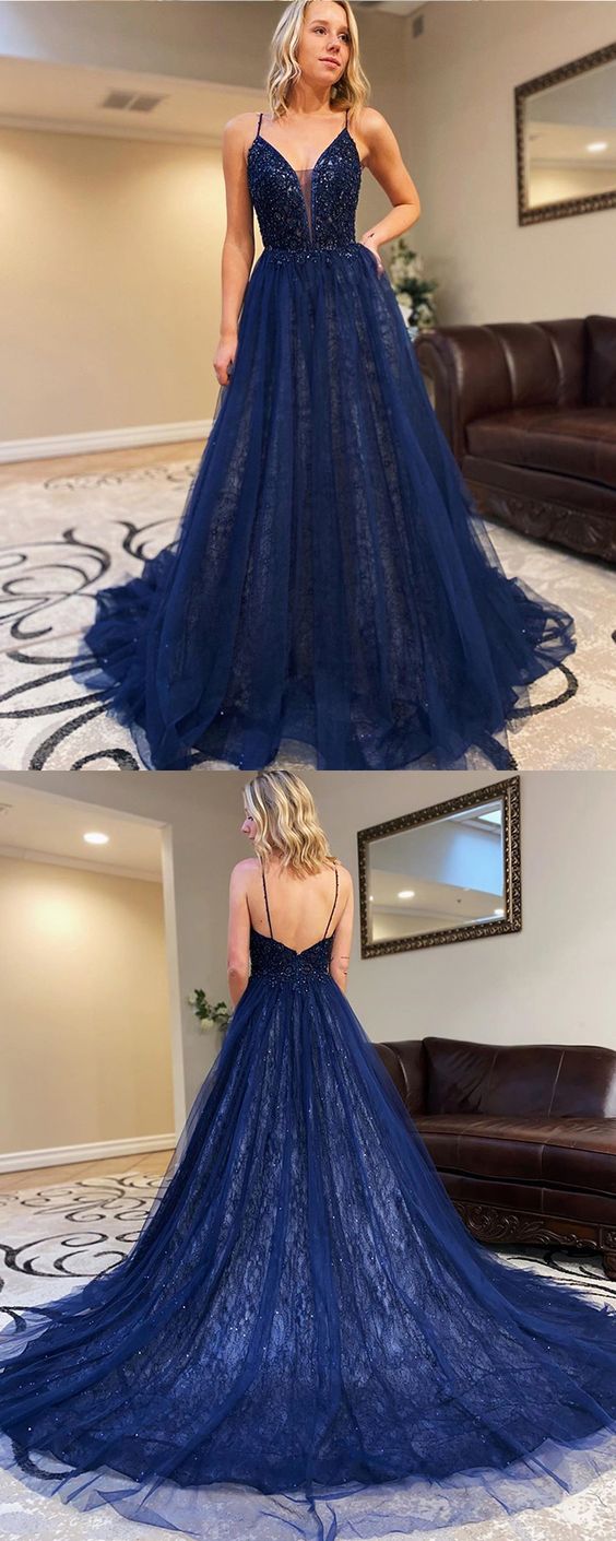 Spaghetti Straps Navy Blue Beading Bodice Tulle Prom Dress cg10138