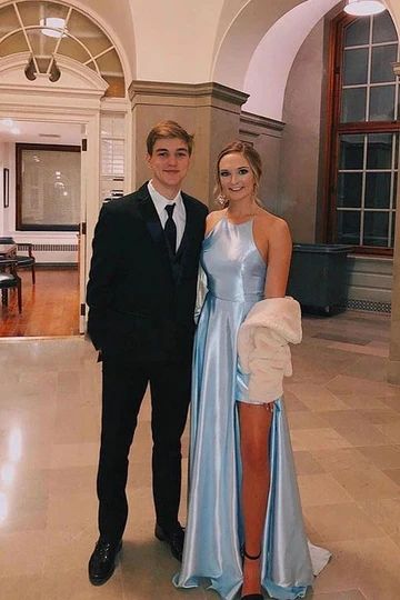 Light Blue Satin Split Long Simple Prom Dress Formal Party Dresses cg10190