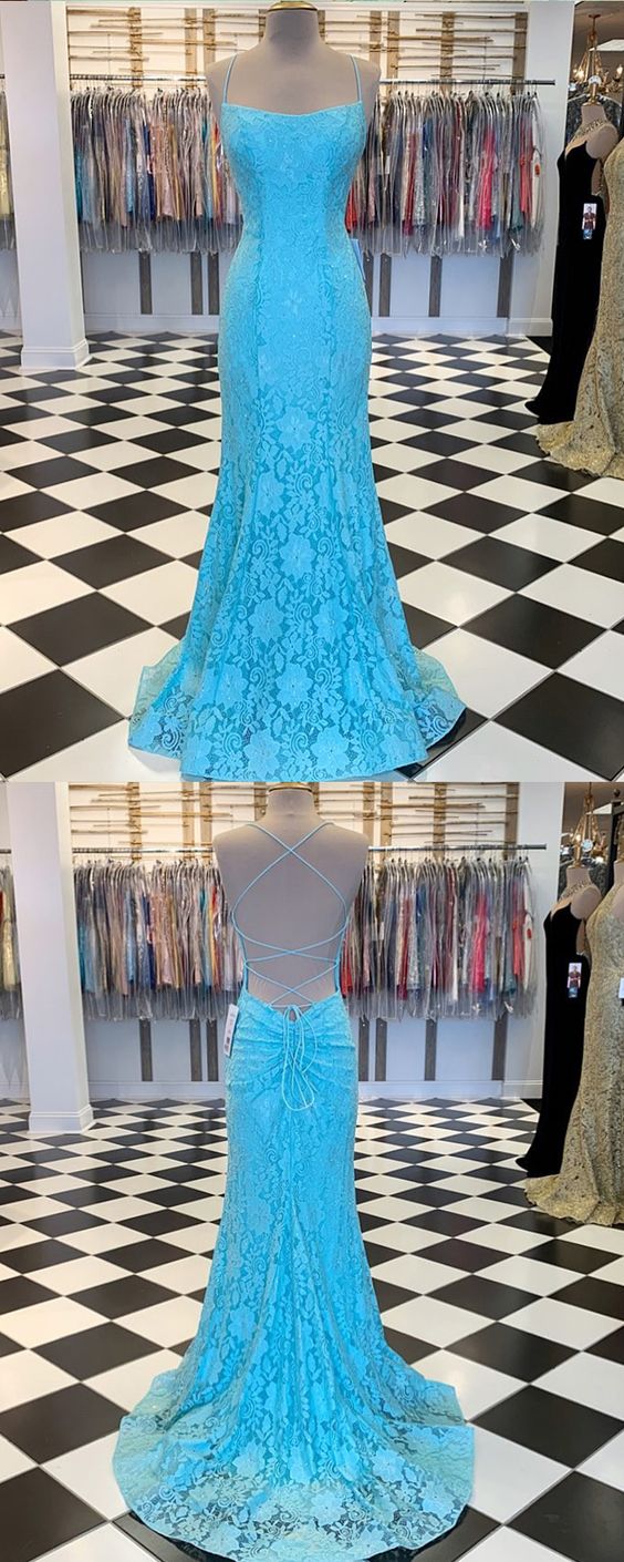 Spaghetti Strap Cyan Lace Mermaid Prom Dress cg10191