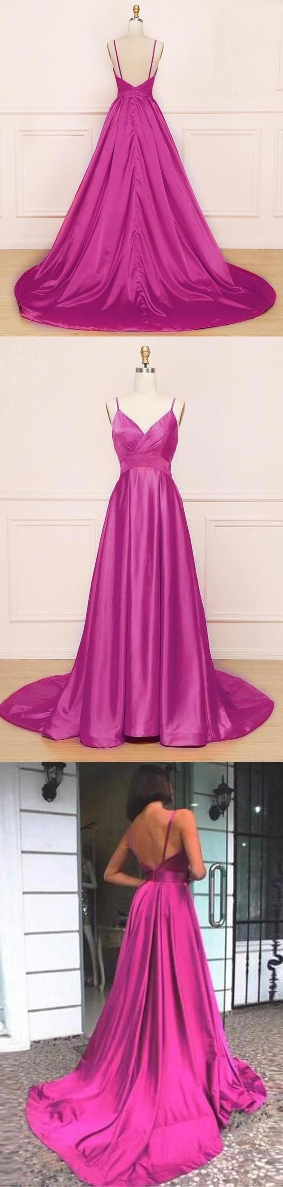Simple A Line Spaghetti Straps V Neck Satin Backless Prom Dresses cg10192