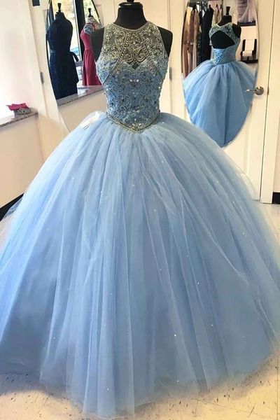 Sexy Open Back Blue Beaded Ball Gown A line Long Evening Prom Dresses cg10198