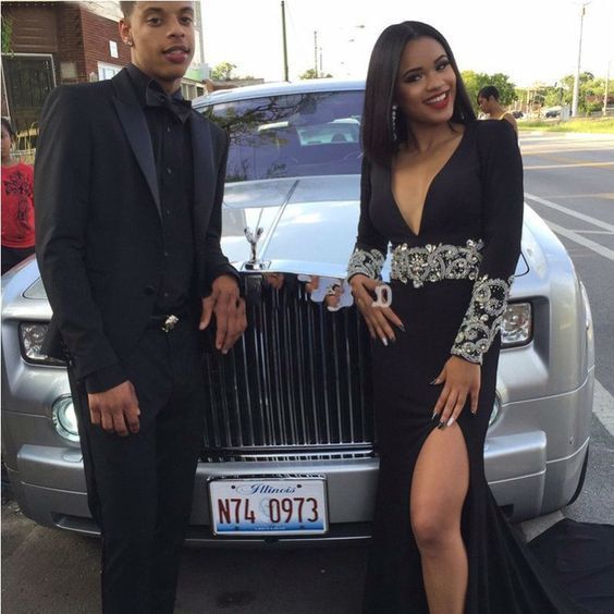 Sexy Prom Dress,Long Sleeve Black Chiffon Prom Dresses with Slit cg10205