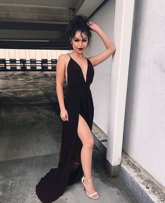 Black V-Neck Prom Dresses , Sexy Prom Dress With Split cg10206