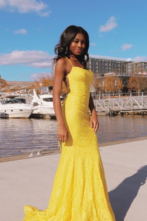 mermaid spaghetti straps yellow prom party dress cg10240