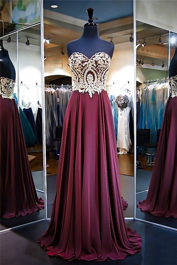 A Line Strapless Long Burgundy Chiffon Gold Lace Prom Dress cg10241