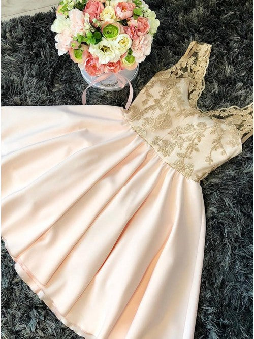 A-Line V-Neck Pink Satin Homecoming Dress with Lace cg10253