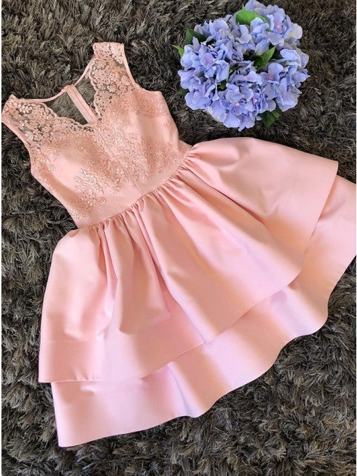 V-Neck Sleeveless Pink Satin Short Homecoming Dress with Lace cg10254