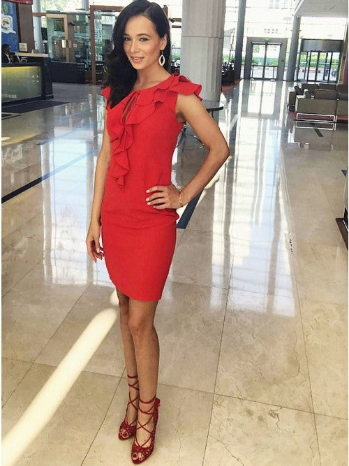 Round Neck Cap Sleeves Red Tight Homecoming Dress with Ruffles cg10257