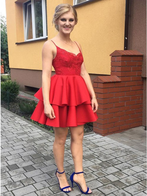 A-Line Spaghetti Straps Red Satin Short Homecoming Dress with Lace cg10258