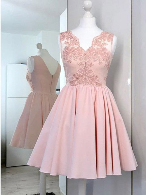 A-Line V-Neck Pink Short Homecoming Dress with Lace cg10261