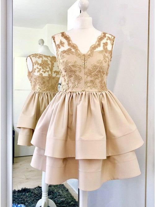 A-Line V-Neck Champagne Satin Short Homecoming Dress with Lace cg10263