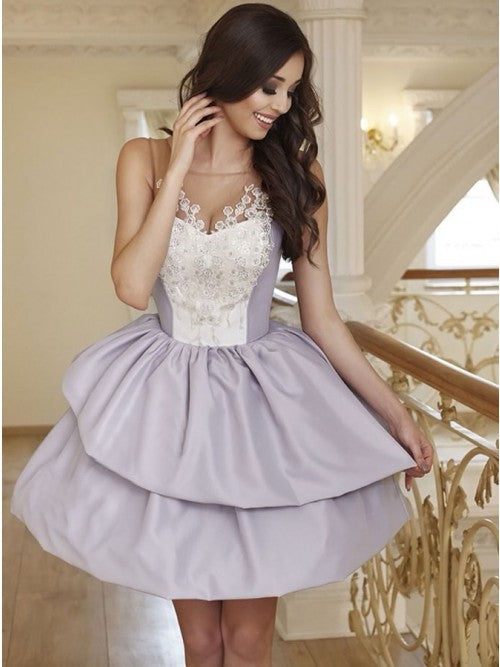 A-Line Round Neck Grey Short Homecoming Dress with Appliques cg10267