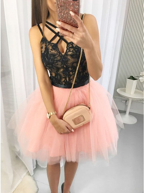 A-Line Cross Neck Pink Tulle Homecoming Dress with Lace Beading cg10269