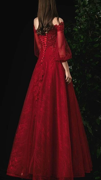 ELEGANT BURGUNDY ROUND NECK TULLE LACE PROM DRESS, BURGUNDY EVENING DRESS cg10287