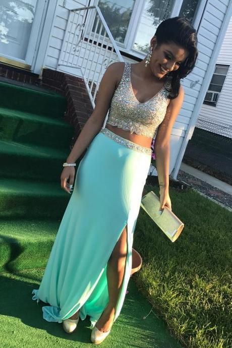 Two Pieces Prom Dress with Beading,Mermaid Prom Dress with Slit cg10305