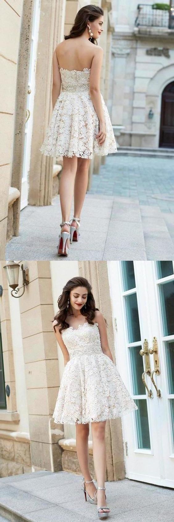 A-Line Princess Sweetheart Sleeveless Rhinestone Short Mini Lace Homecoming Dresses cg10313